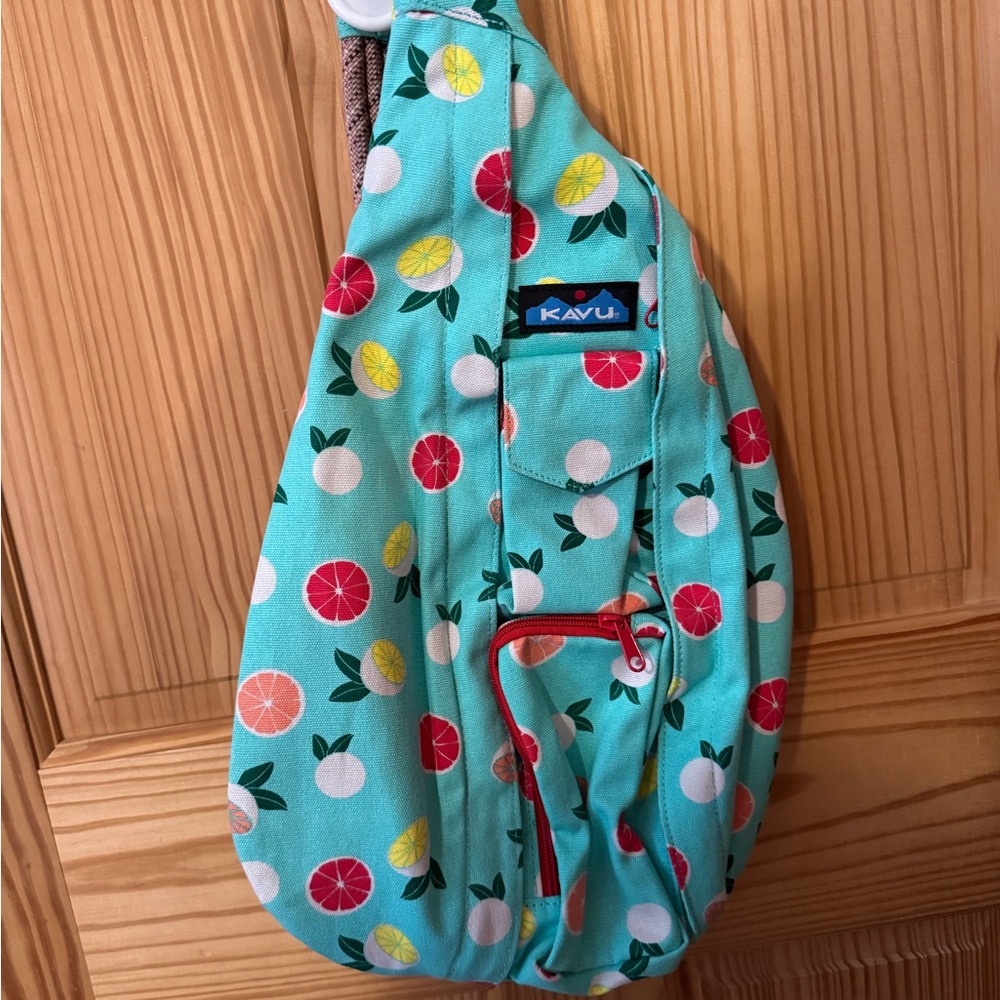 KAVU NWOT Fruit Print Sling Bag - Teal and Multicolor. Rope bag